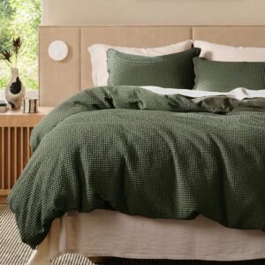 Bedsure Cotton Duvet Cover Queen - 100% Cotton Waffle Weave Olive Green Duvet Cover Queen Size, PureWoven Breathable Bedding Set for All Season, 3 Pieces, 90"x90"